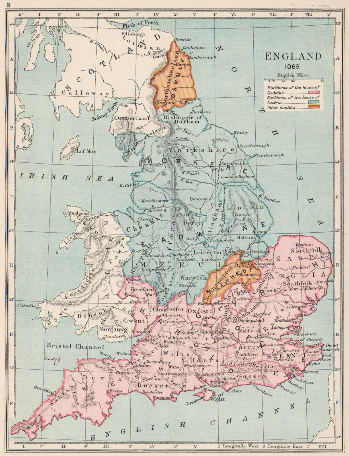 ENGLAND IN 1065. Earldoms of Godwine Leofric Oswulf Waltheof 1907 old map
